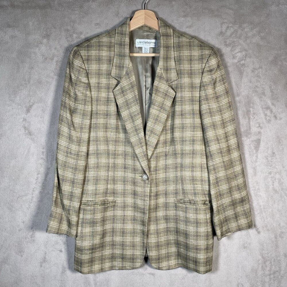 Vintage Liz Claiborne Blazer Women 12 Petite Linen Blend Plaid Academia Heritage - Picture 2 of 15